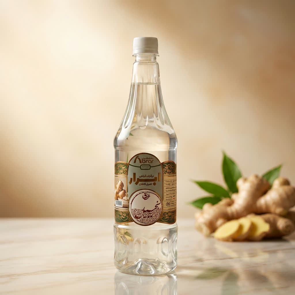 بطری عرق زنجبیل ابرار در کنار ریزومهای تازهٔ گیاه زنجبیل